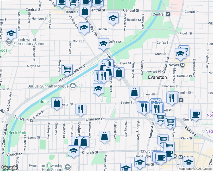 map of restaurants, bars, coffee shops, grocery stores, and more near 1607 Simpson Street in Evanston