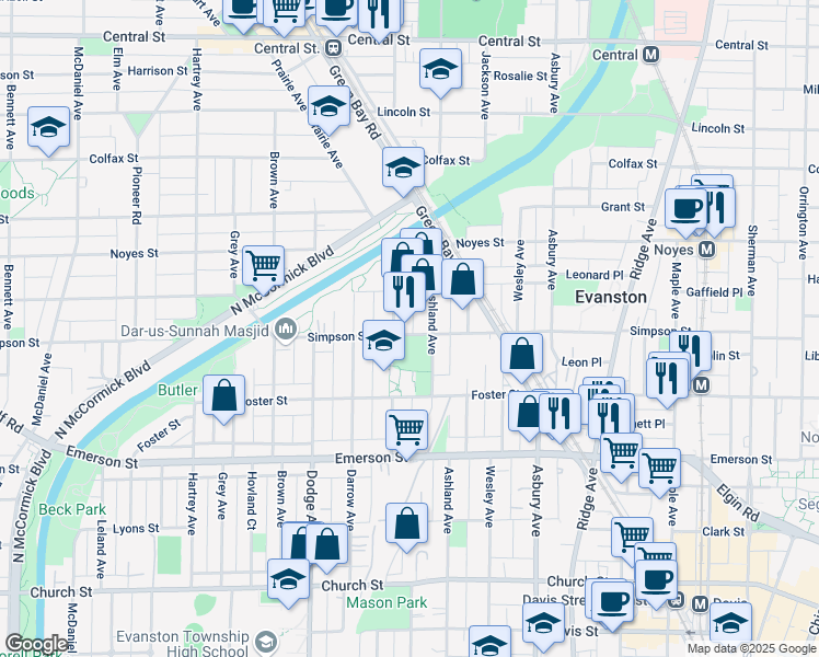 map of restaurants, bars, coffee shops, grocery stores, and more near 1607 Simpson Street in Evanston