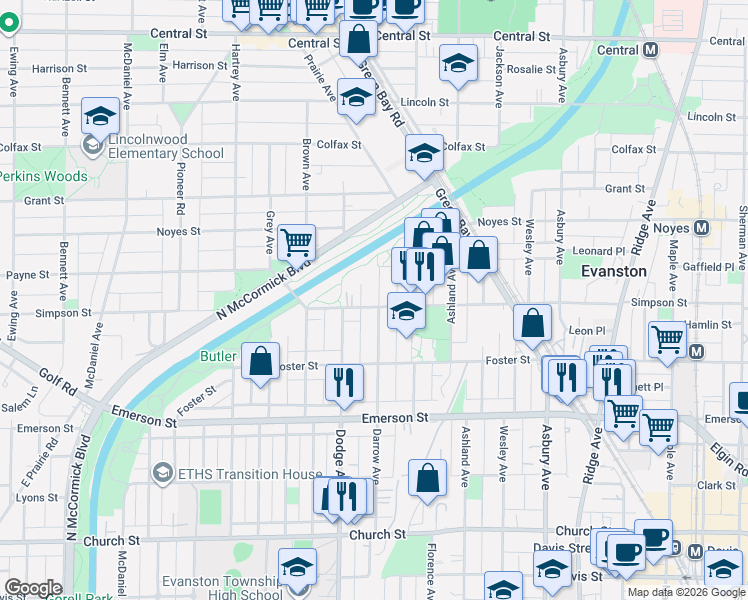 map of restaurants, bars, coffee shops, grocery stores, and more near 2046 Darrow Avenue in Evanston