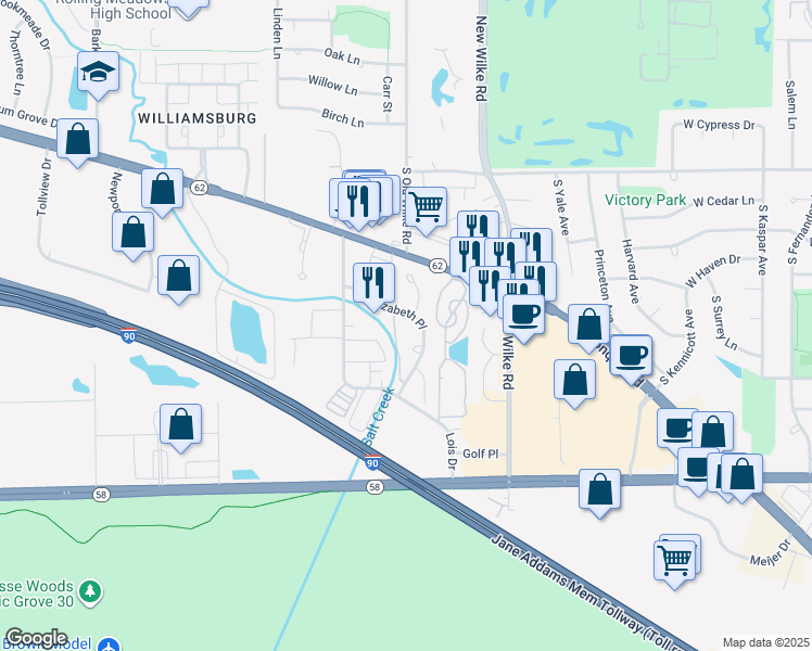 map of restaurants, bars, coffee shops, grocery stores, and more near 5517 Elizabeth Place in Rolling Meadows