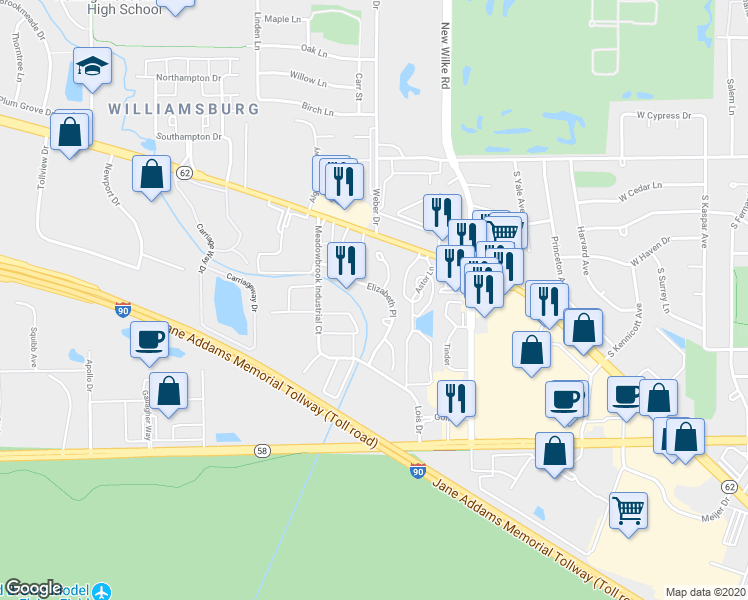 map of restaurants, bars, coffee shops, grocery stores, and more near 5517 Elizabeth Place in Rolling Meadows