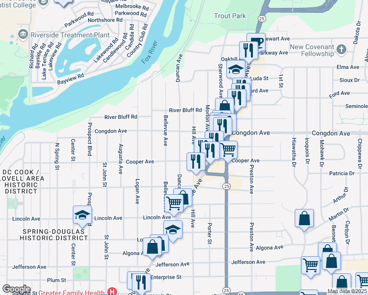map of restaurants, bars, coffee shops, grocery stores, and more near 1010 Duncan Avenue in Elgin