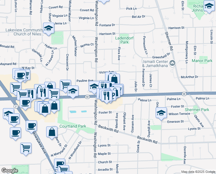 map of restaurants, bars, coffee shops, grocery stores, and more near 2640 Golf Road in Glenview
