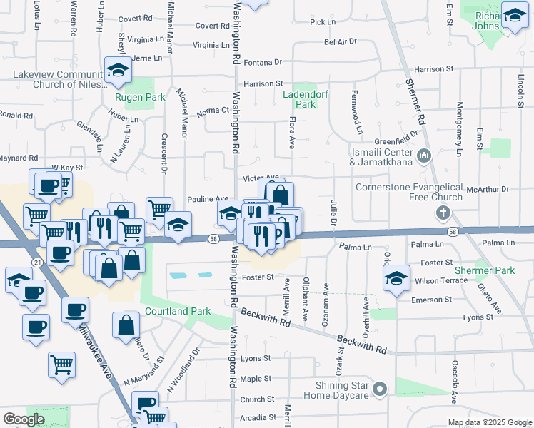 map of restaurants, bars, coffee shops, grocery stores, and more near 2626 Golf Road in Glenview