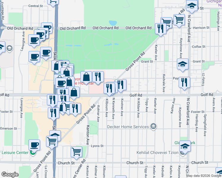 map of restaurants, bars, coffee shops, grocery stores, and more near 9631 Gross Point Road in Skokie