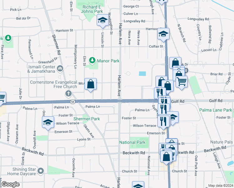 map of restaurants, bars, coffee shops, grocery stores, and more near 14 North Harlem Avenue in Glenview