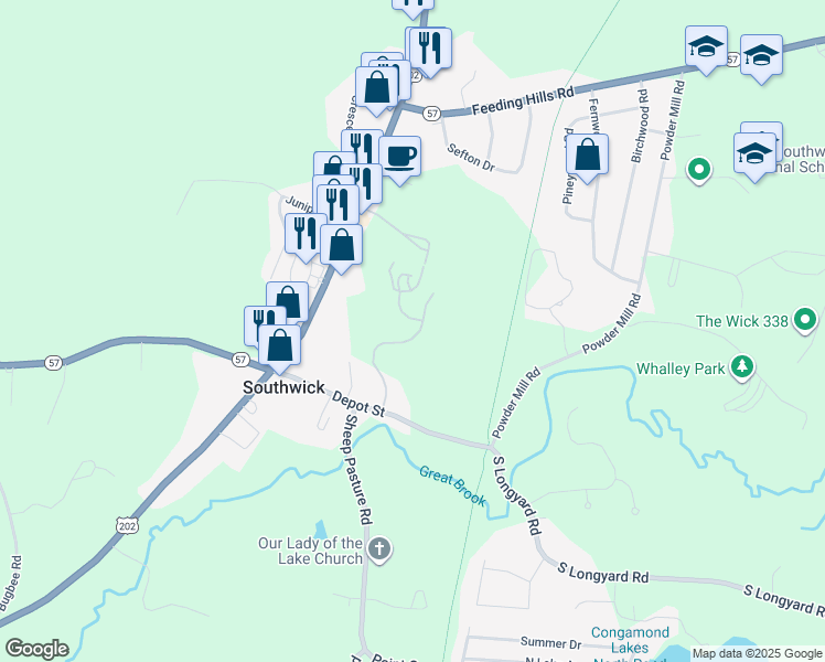 map of restaurants, bars, coffee shops, grocery stores, and more near 13 Rails End Road in Southwick