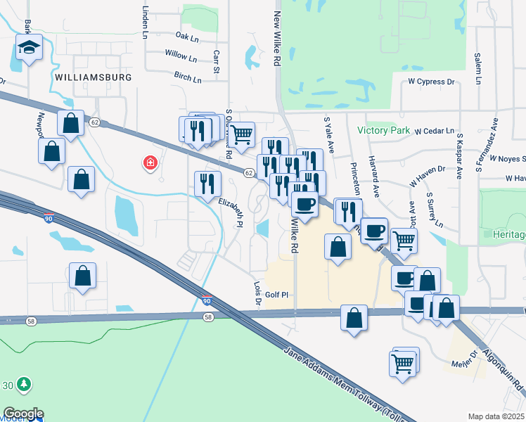 map of restaurants, bars, coffee shops, grocery stores, and more near 5450 Astor Lane in Rolling Meadows