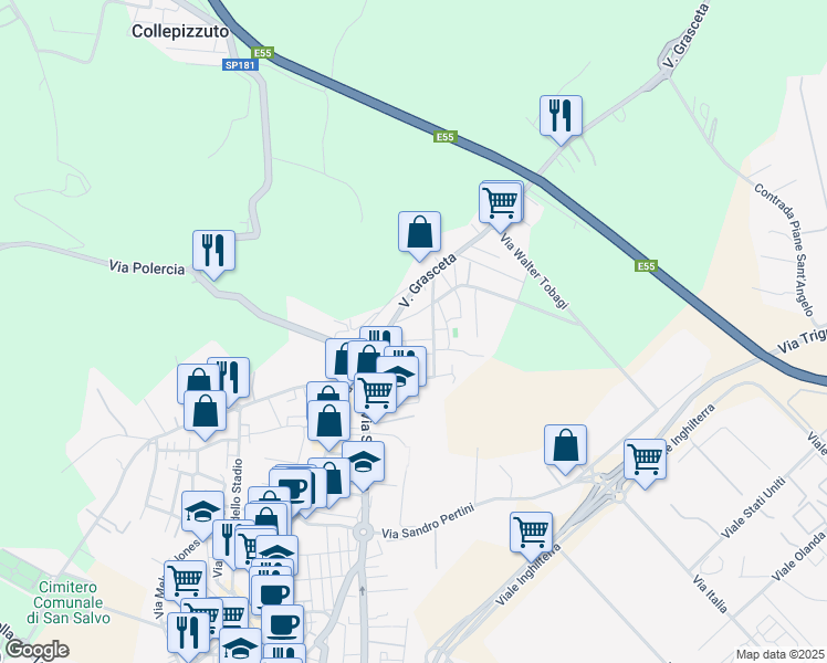 map of restaurants, bars, coffee shops, grocery stores, and more near 40 Via Paolo VI in San Salvo