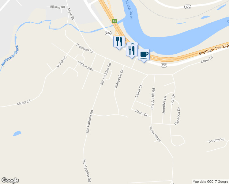 map of restaurants, bars, coffee shops, grocery stores, and more near 51 Maryvale Drive in Apalachin