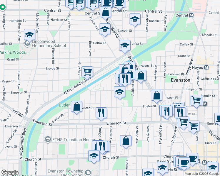 map of restaurants, bars, coffee shops, grocery stores, and more near 2046 Darrow Avenue in Evanston