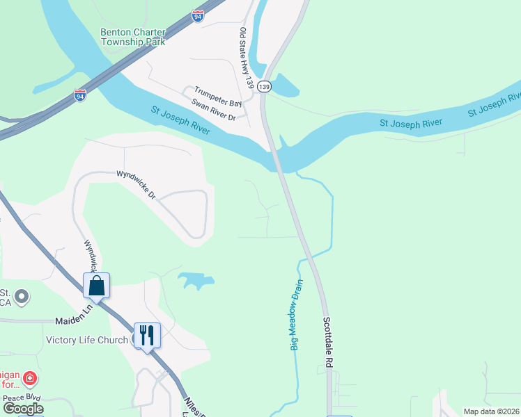 map of restaurants, bars, coffee shops, grocery stores, and more near 3478 Rivers Edge Drive in St. Joseph
