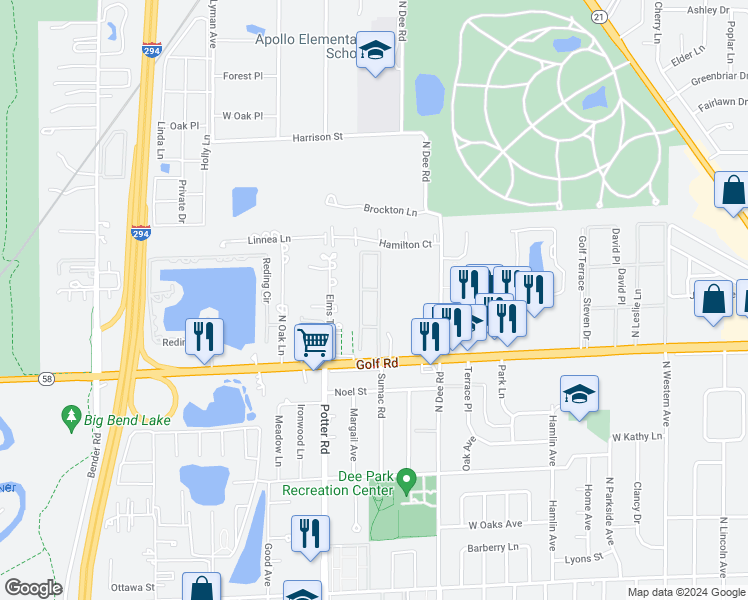 map of restaurants, bars, coffee shops, grocery stores, and more near 9717 Bianco Terrace in Des Plaines