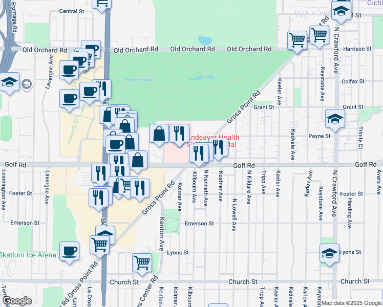 map of restaurants, bars, coffee shops, grocery stores, and more near 9600 Gross Point Road in Skokie