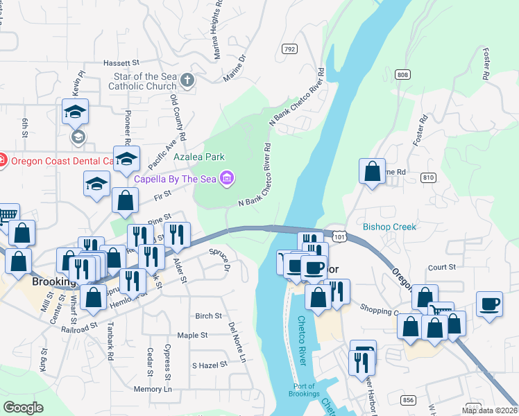 map of restaurants, bars, coffee shops, grocery stores, and more near 205 North Bank Chetco River Road in Brookings
