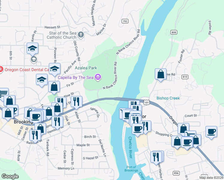 map of restaurants, bars, coffee shops, grocery stores, and more near 205 North Bank Chetco River Road in Brookings