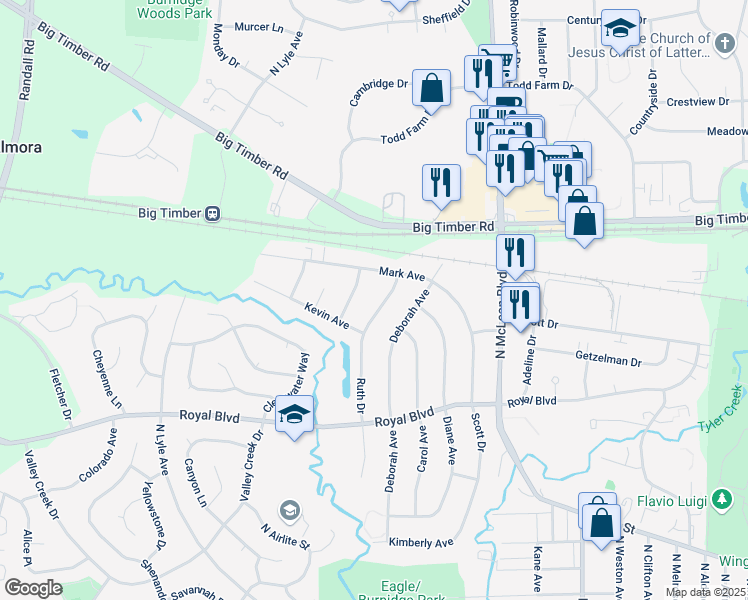 map of restaurants, bars, coffee shops, grocery stores, and more near 972 Ruth Drive in Elgin