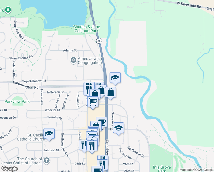 map of restaurants, bars, coffee shops, grocery stores, and more near 3406 Orion Drive in Ames