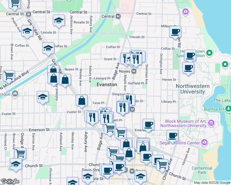 map of restaurants, bars, coffee shops, grocery stores, and more near 1103 Simpson Street in Evanston