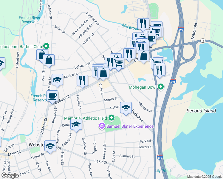 map of restaurants, bars, coffee shops, grocery stores, and more near 8 Grove Street in Webster