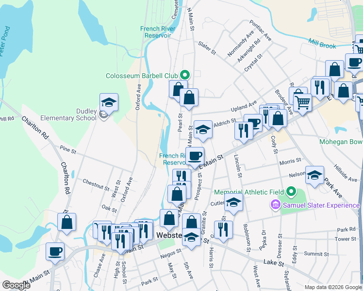 map of restaurants, bars, coffee shops, grocery stores, and more near 27 North Main Street in Webster