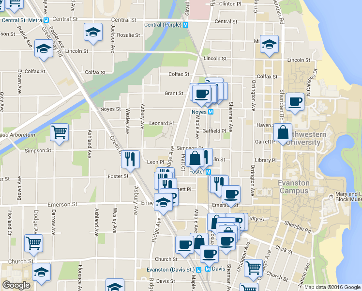 map of restaurants, bars, coffee shops, grocery stores, and more near 2043 Pratt Court in Evanston