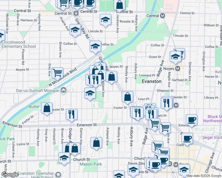 map of restaurants, bars, coffee shops, grocery stores, and more near 1470 Simpson Street in Evanston