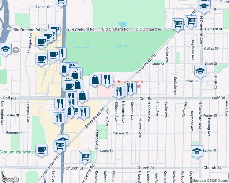 map of restaurants, bars, coffee shops, grocery stores, and more near 4450 Golf Road in Skokie