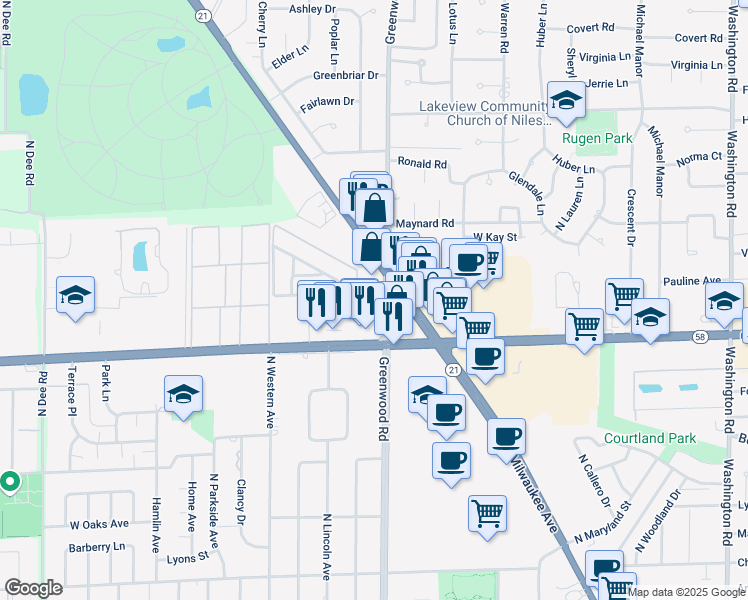 map of restaurants, bars, coffee shops, grocery stores, and more near 8642 West Golf Road in Des Plaines