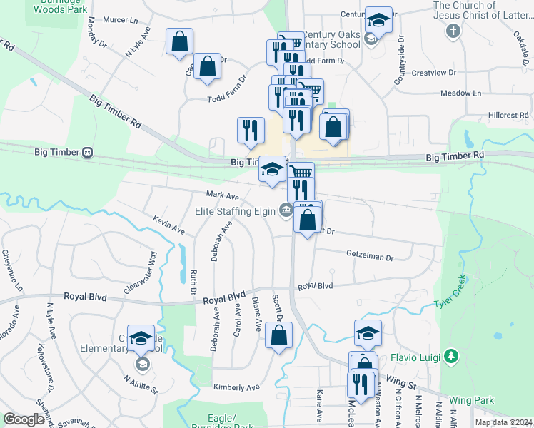 map of restaurants, bars, coffee shops, grocery stores, and more near 8116 Mark Avenue in Elgin