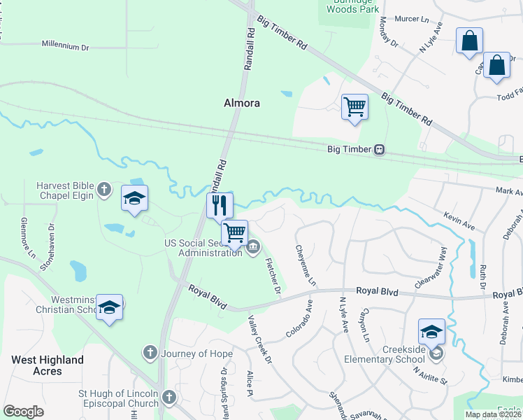 map of restaurants, bars, coffee shops, grocery stores, and more near 941 Millcreek Circle in Elgin