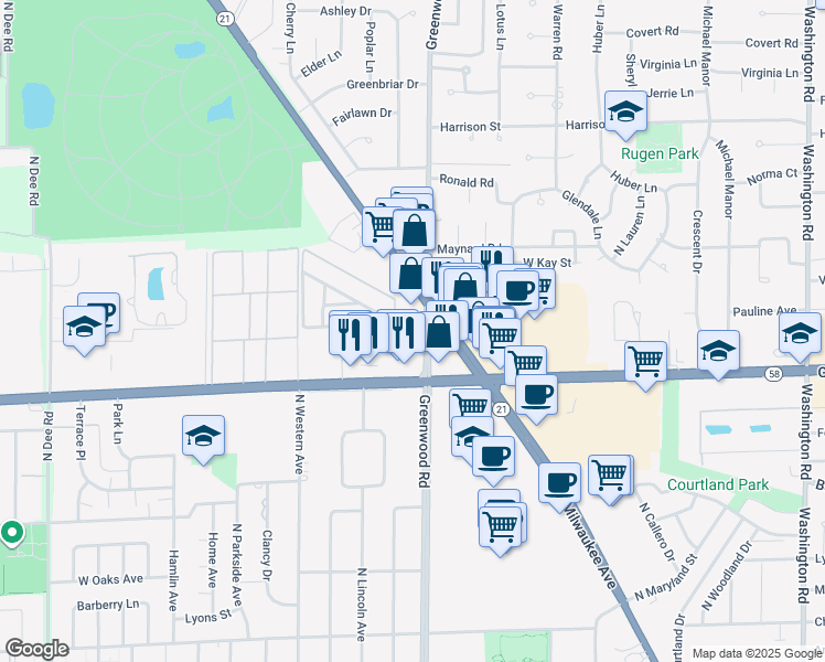 map of restaurants, bars, coffee shops, grocery stores, and more near 9612 North Greenwood Avenue in Des Plaines