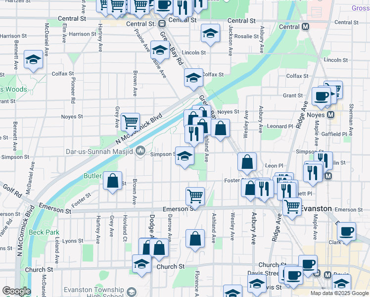 map of restaurants, bars, coffee shops, grocery stores, and more near 2100 Dewey Avenue in Evanston