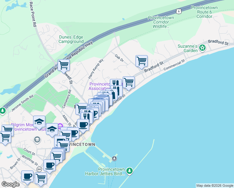 map of restaurants, bars, coffee shops, grocery stores, and more near 439 Commercial Street in Provincetown