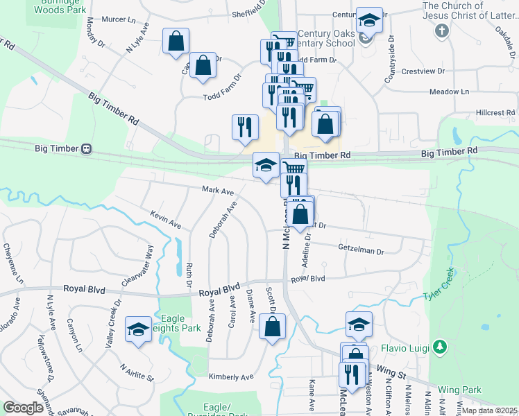 map of restaurants, bars, coffee shops, grocery stores, and more near 1572 Mark Avenue in Elgin