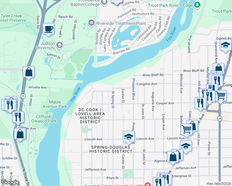 map of restaurants, bars, coffee shops, grocery stores, and more near 1020 North Spring Street in Elgin