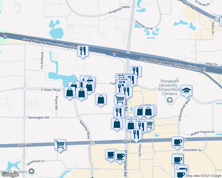 map of restaurants, bars, coffee shops, grocery stores, and more near 1301 Tower Road in Schaumburg