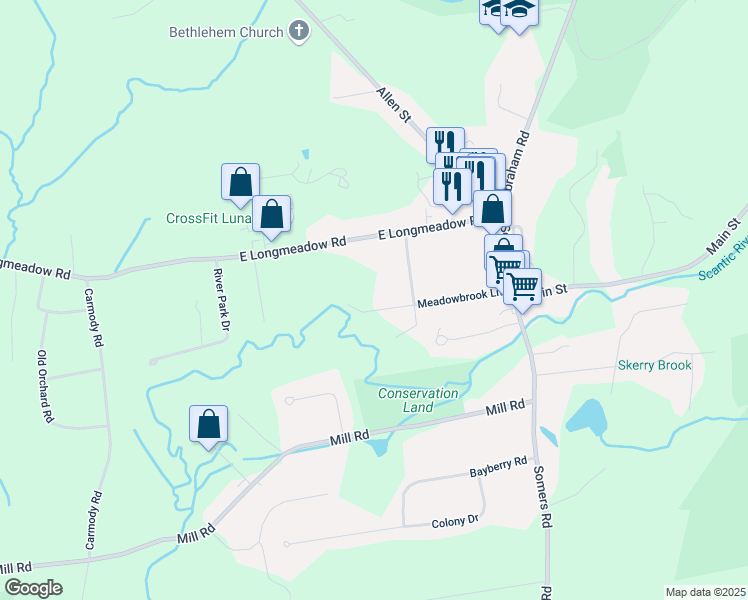 map of restaurants, bars, coffee shops, grocery stores, and more near 45 Meadowbrook Lane in Hampden