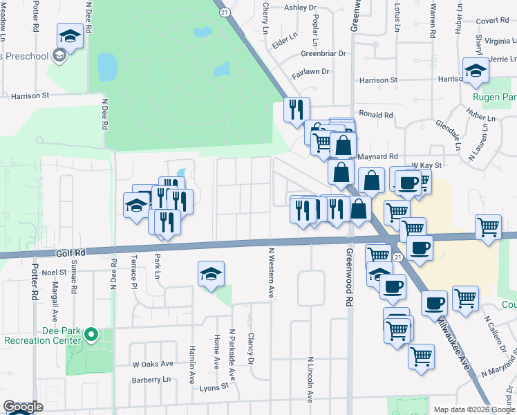 map of restaurants, bars, coffee shops, grocery stores, and more near 8812 Jody Lane in Des Plaines