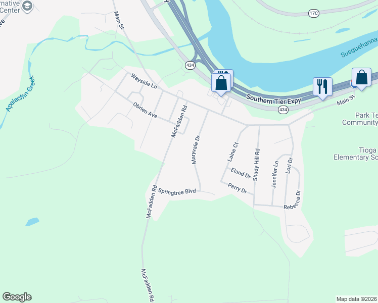 map of restaurants, bars, coffee shops, grocery stores, and more near 51 Maryvale Drive in Apalachin