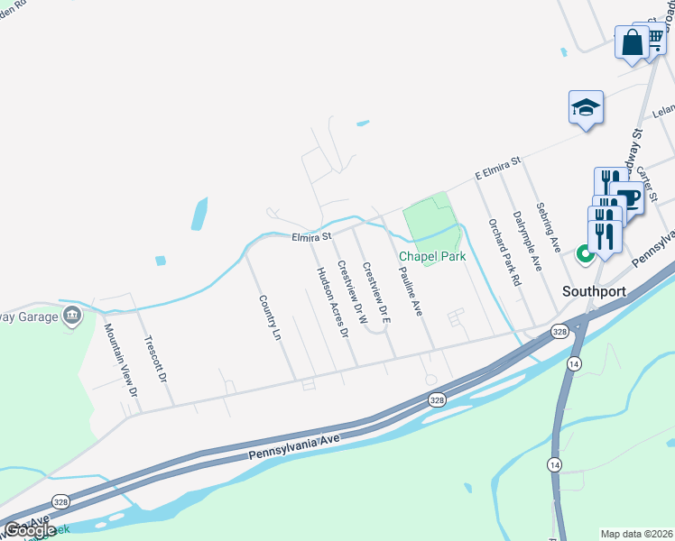 map of restaurants, bars, coffee shops, grocery stores, and more near 27 Crestview Drive West in Pine City