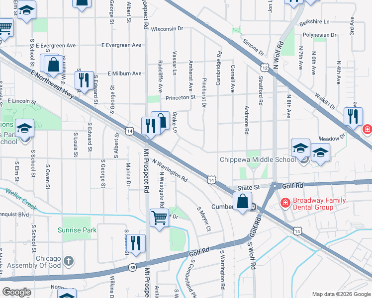 map of restaurants, bars, coffee shops, grocery stores, and more near 160 U.S. 14 in Des Plaines
