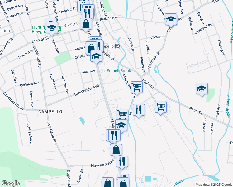 map of restaurants, bars, coffee shops, grocery stores, and more near 19 Holmes Street in Brockton