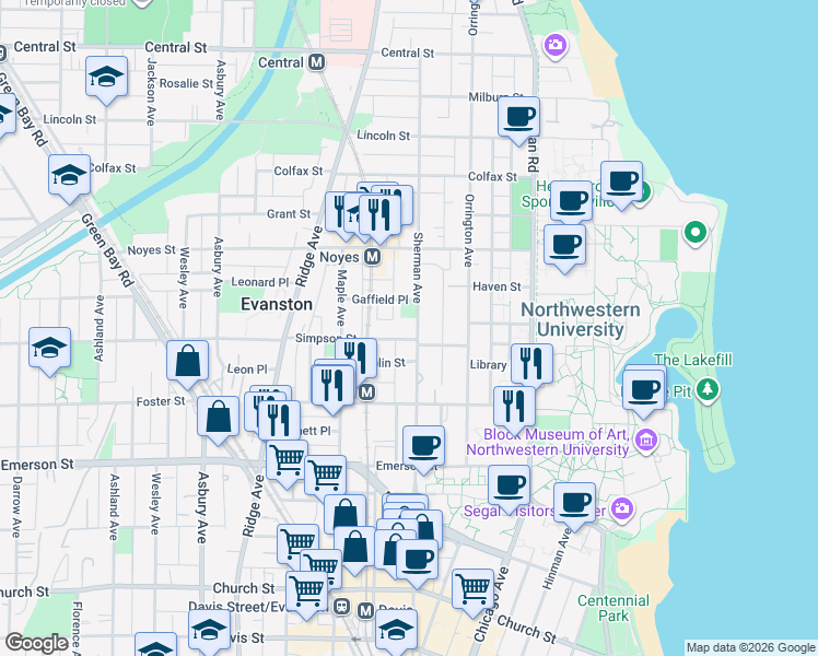 map of restaurants, bars, coffee shops, grocery stores, and more near 810 Simpson Street in Evanston