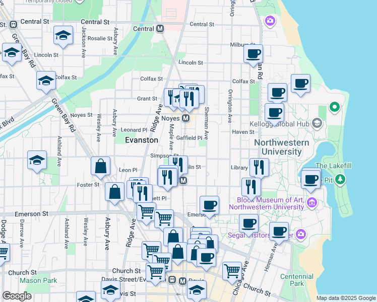 map of restaurants, bars, coffee shops, grocery stores, and more near 810 Simpson Street in Evanston