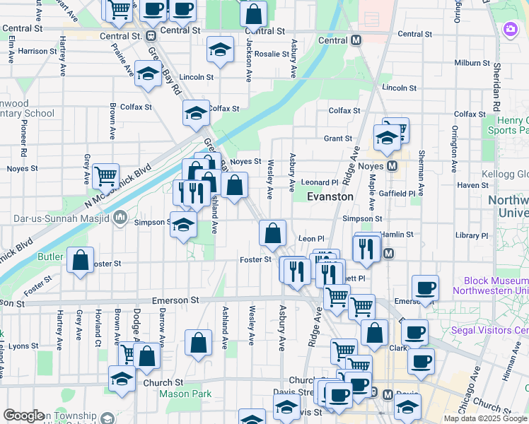 map of restaurants, bars, coffee shops, grocery stores, and more near in Evanston