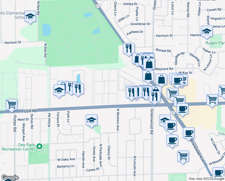 map of restaurants, bars, coffee shops, grocery stores, and more near 8812 Jody Lane in Des Plaines