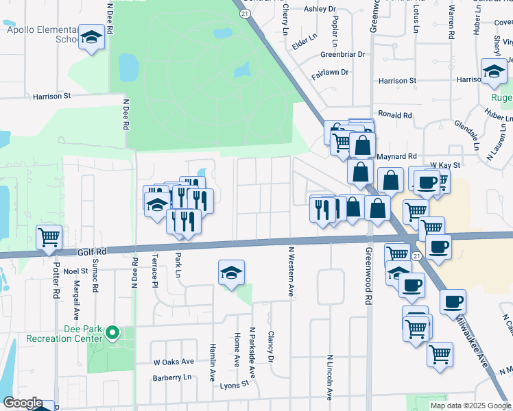 map of restaurants, bars, coffee shops, grocery stores, and more near 8892 Jody Lane in Des Plaines
