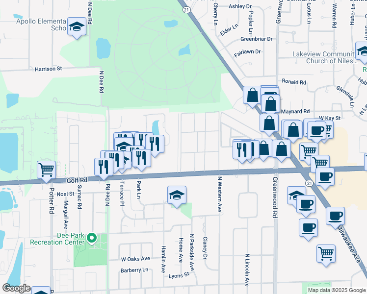 map of restaurants, bars, coffee shops, grocery stores, and more near 9618 Golf Terrace in Des Plaines