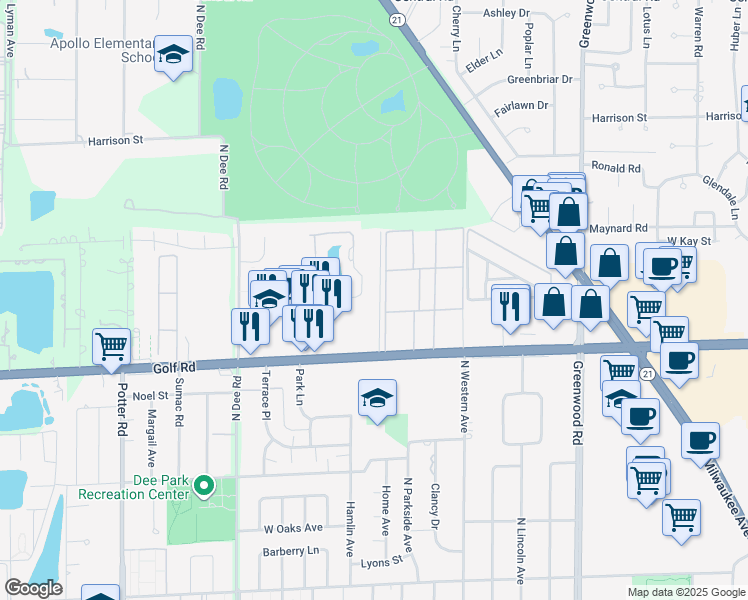 map of restaurants, bars, coffee shops, grocery stores, and more near 9618 Golf Terrace in Des Plaines